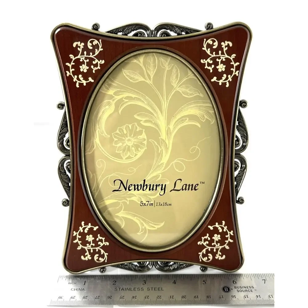 Newbury Lane Cast Pewter Picture Frame 5x7 Wood Look Inlay Ornate Scrollwork